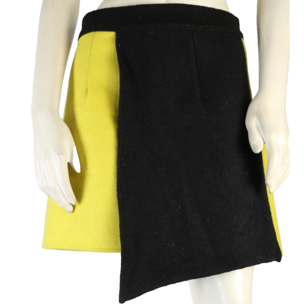 Vintage Designer Yellow Black Colorblock Mini Skirt Wool Blend Asymmetrical L